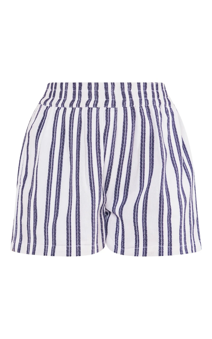 Navy Textured Linen Look Stripe Oversized Linen Shorts - Image 6