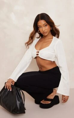 Cream Linen Look Textured Front Detail Long Sleeve Top