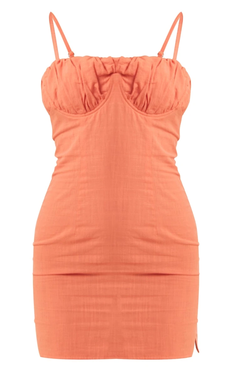 Orange Linen Look Underwired Bust Detail Strappy Bodycon Dress - Image 5