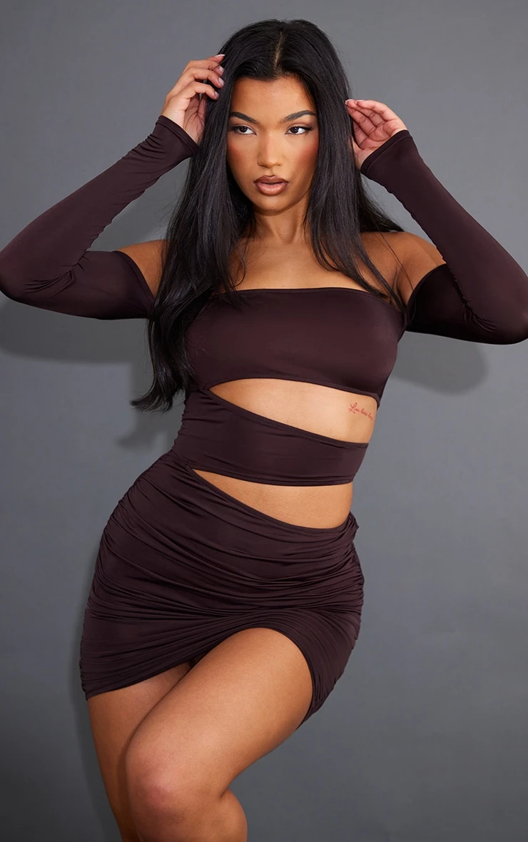 Chocolate Slinky Bardot Multi Cut Out Bodycon Dress