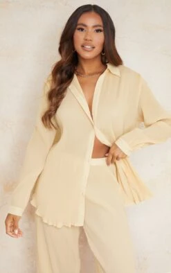 Cream Plisse Button Front Oversized Shirt