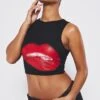 Black Kiss Print Racer Crop