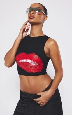 Black Kiss Print Racer Crop