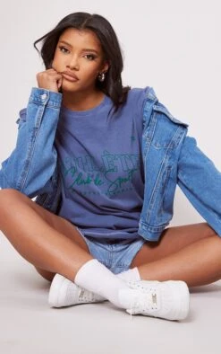 PRETTYLITTLETHING Blue Washed Athlete Print T Shirt