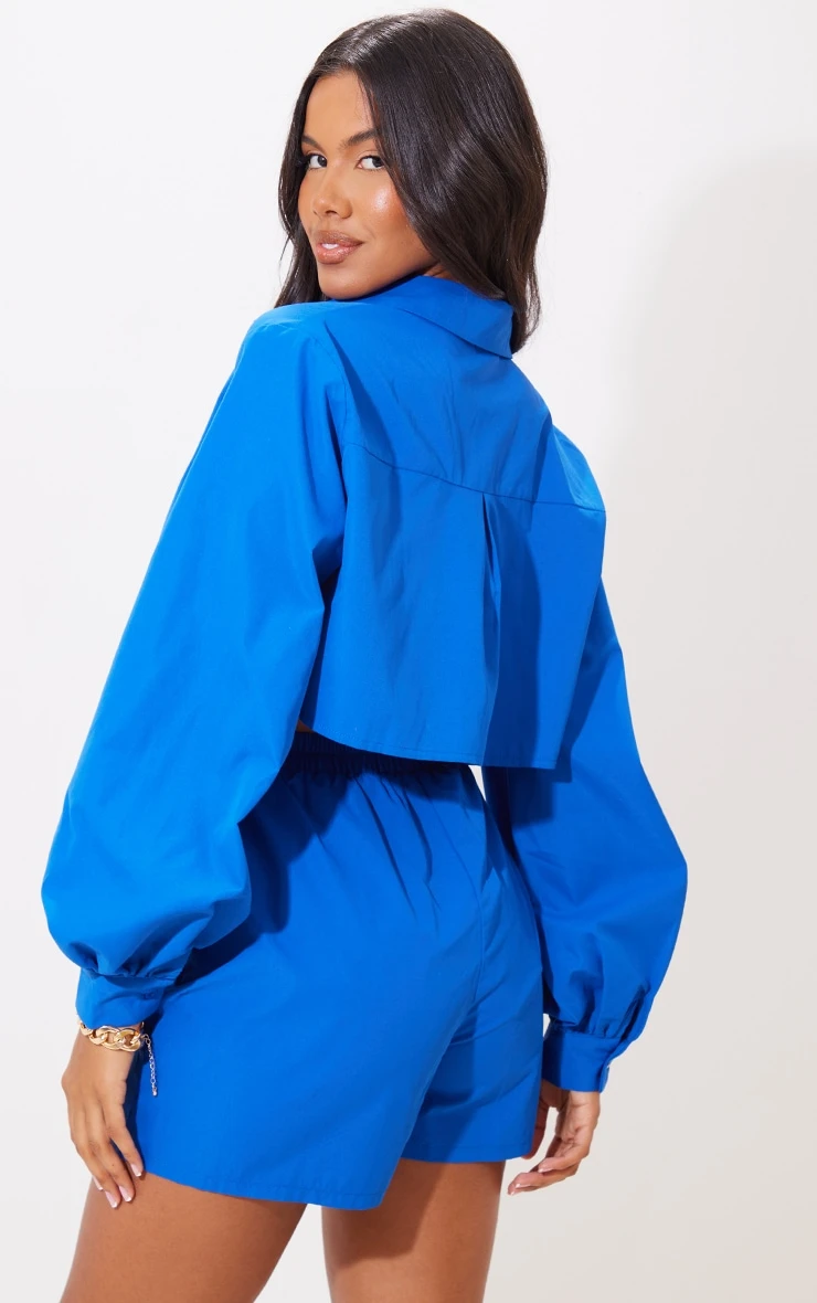 Blue Woven Oversized Cropped Shirt - Image 2