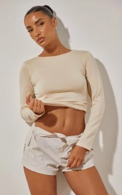 Beige Cotton Basic Long Sleeve Longline T Shirt