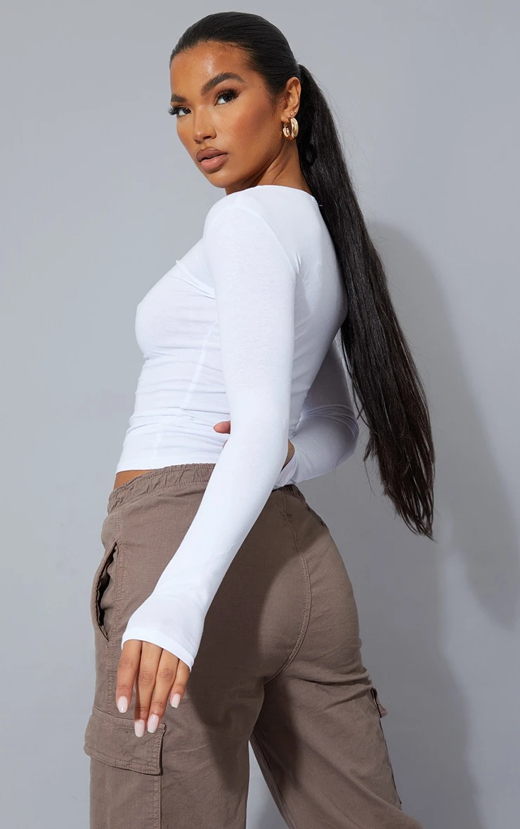 Basic White Cotton Blend Long Sleeve Fitted T Shirt - Image 2