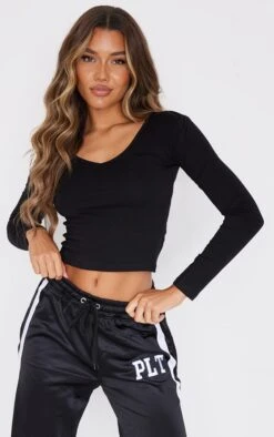Basic Black Cotton Blend Longline Long Sleeve Top