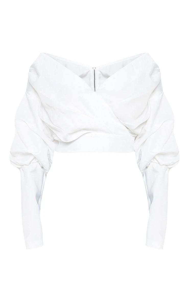White Woven Puff Sleeve Crop Shirt - Image 3