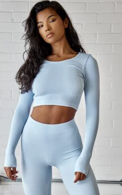 Blue Grey Structured Contour Ribbed Round Neck Long Sleeve Crop Top