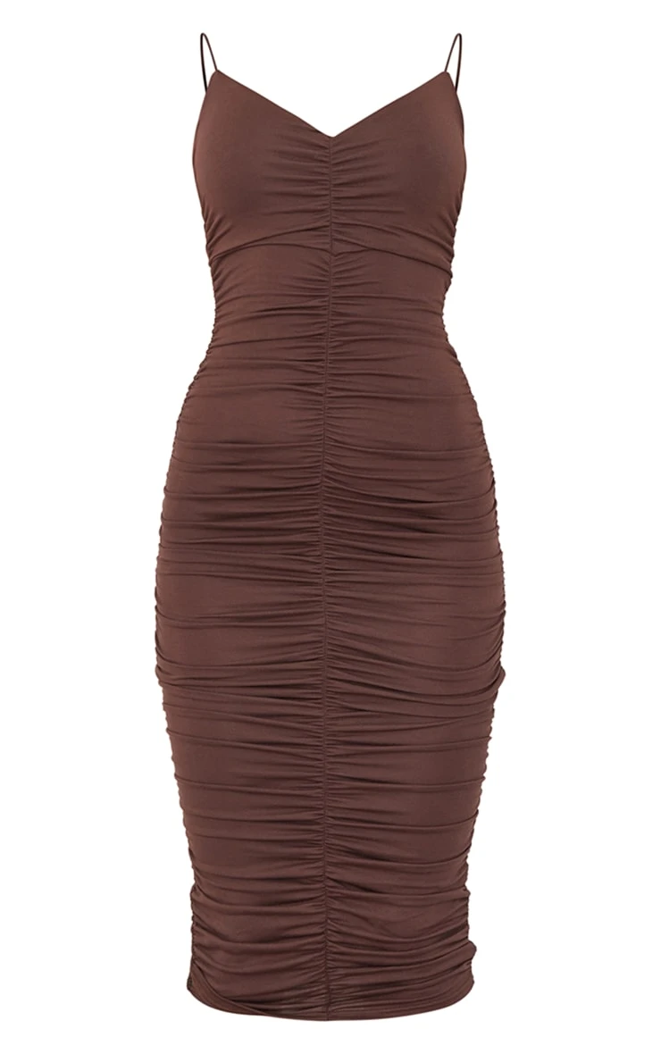 Chocolate Extreme Ruched Spaghetti Midi Dress - Image 5