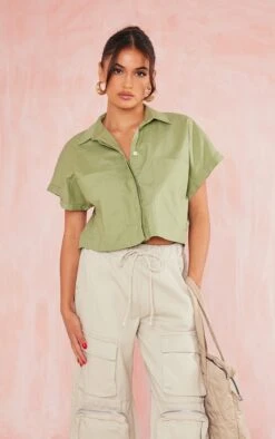 Olive Cotton Oversized Boxy Pocket Detail Shirt