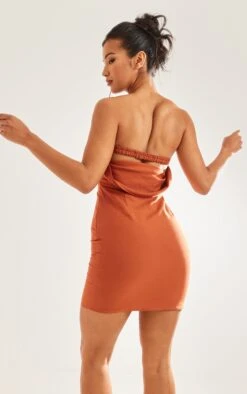 Rust Linen Look Bandeau Back Cut Out Detail Shift Dress
