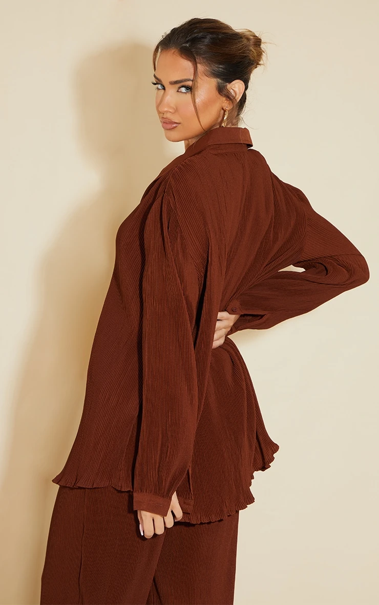 Chocolate Brown Plisse Button Front Oversized Shirt - Image 2