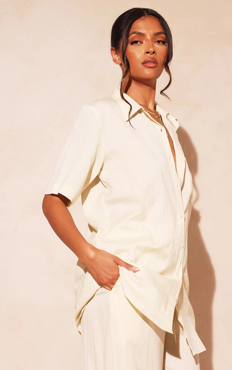 Stone Linen Look Oversized Boxy Short Sleeve Shirt - Image 4