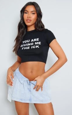 Black Slogan Print Fitted Cropped T-shirt