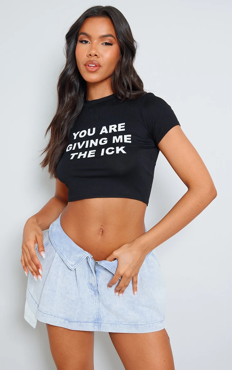 Black Slogan Print Fitted Cropped T-shirt