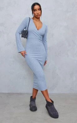 Grey Rib Wrap Midi Dress With Flared Cuff