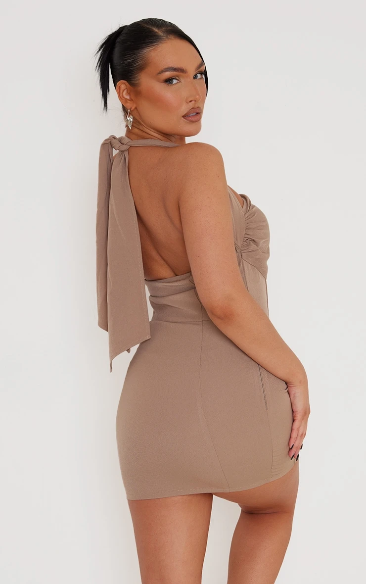 Mocha Woven Halter Tie Boned Bodycon Dress - Image 2