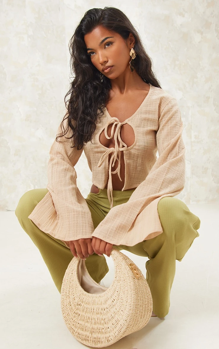 Stone Cotton Textured Tie Front Long Sleeve Top - Image 3