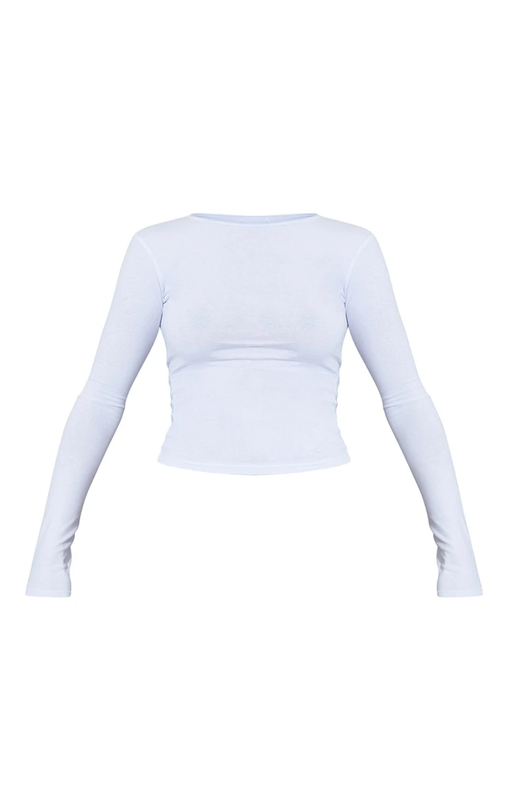 Basic White Cotton Blend Long Sleeve Fitted T Shirt - Image 5