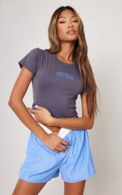 Steel Blue Ibiza Print Fitted Long T Shirt