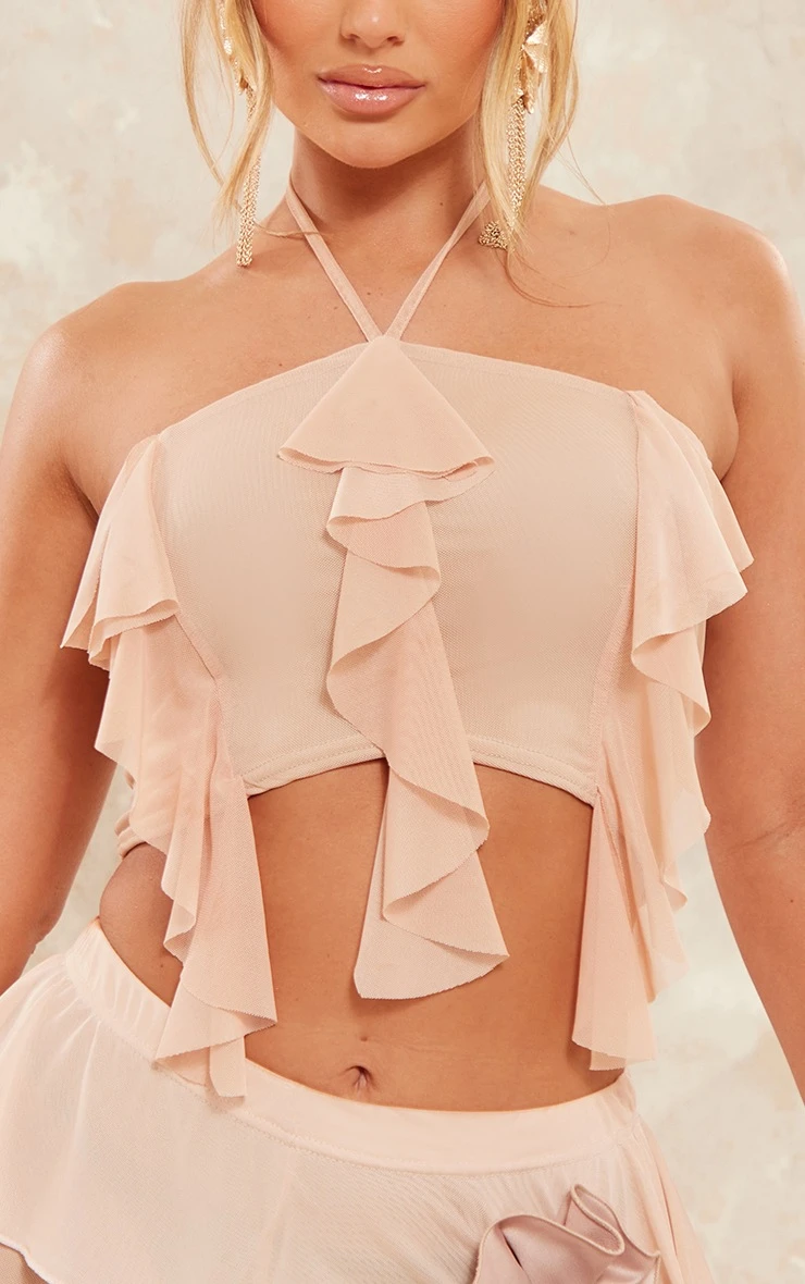Natural Stone Mesh Halterneck Frill Crop Top - Image 4