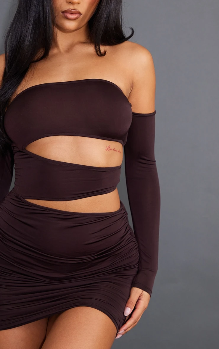 Chocolate Slinky Bardot Multi Cut Out Bodycon Dress - Image 4