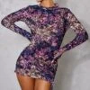 Multi Flocked Mesh Ruched Long Sleeve Bodycon Dress