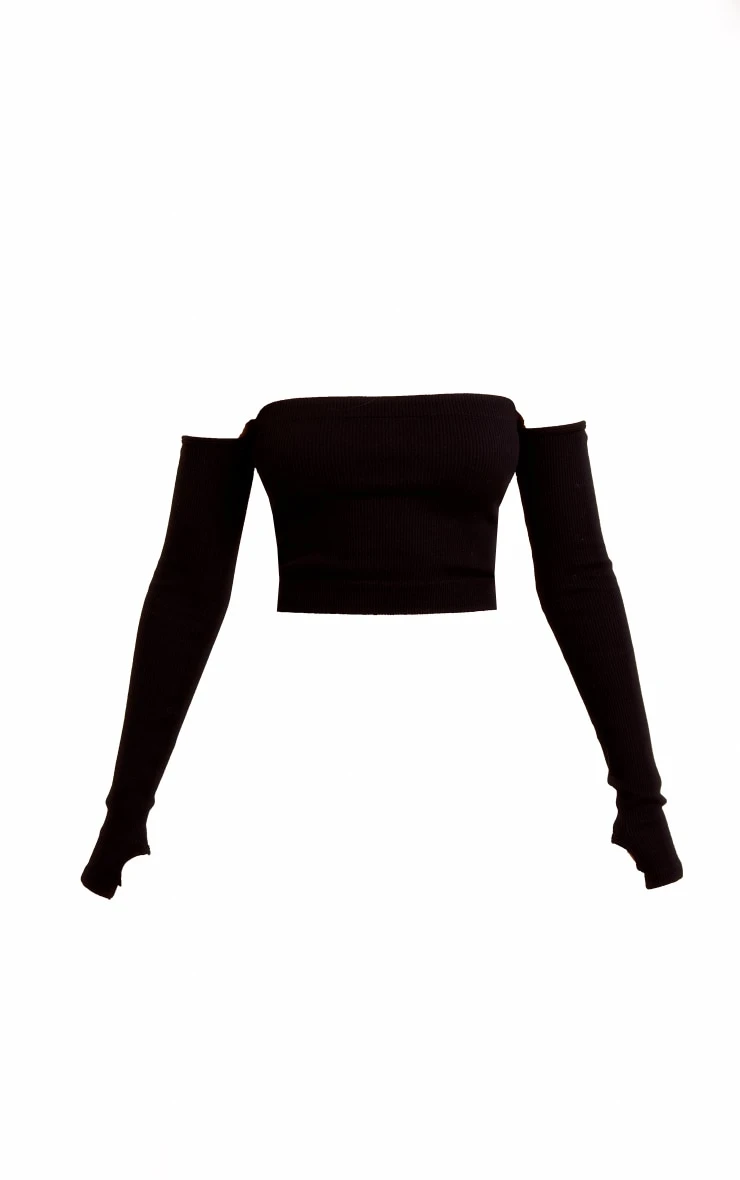 Black Structured Contour Rib Bardot Crop Top - Image 5