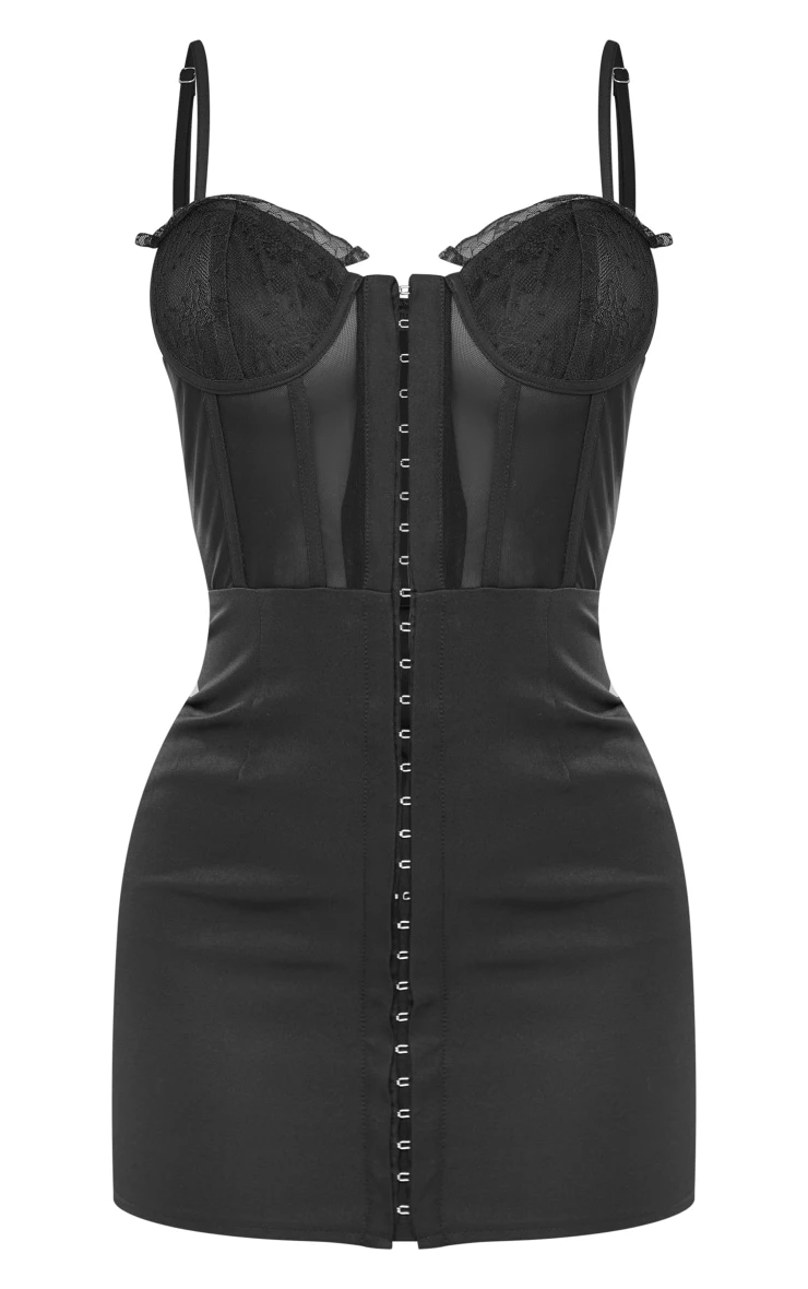 Black Woven Mesh Corset Lace Detail Bodycon Dress - Image 5