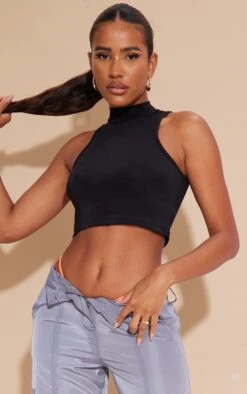 Basic Black Slinky High Neck Sleeveless Crop