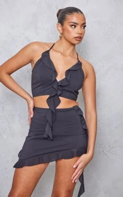 Black Woven Ruffle Front Halterneck Top