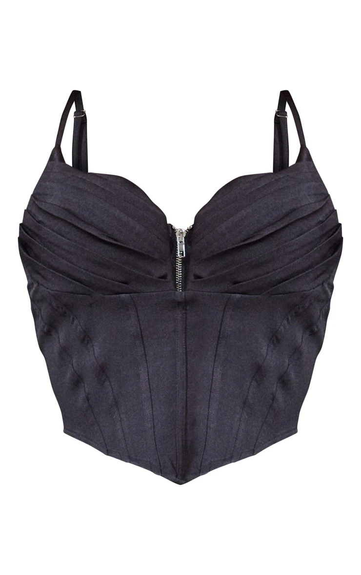 Black Strappy Pleated Bust Corset Detail Crop Top - Image 5