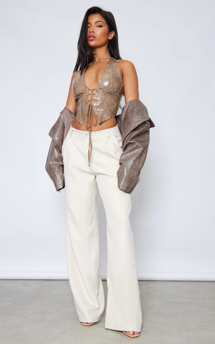 Stone Washed Faux Leather Lace Up Plunge Halter Neck Top - Image 3