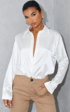 White Satin Button Front Shirt
