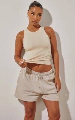 Beige Cotton Basic Longline Racer Top