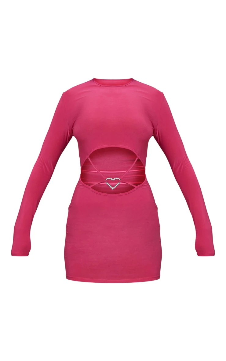 Hot Pink Slinky Heart Trim Detail Long Sleeve Bodycon Dress - Image 5