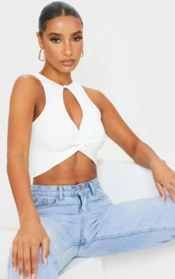 White Slinky Cross Front Key Hole Crop Top
