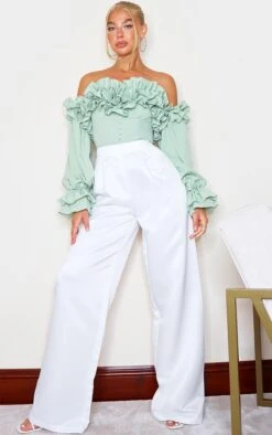 Sage Green Ruffle Hem Off Shoulder Long Sleeve Top