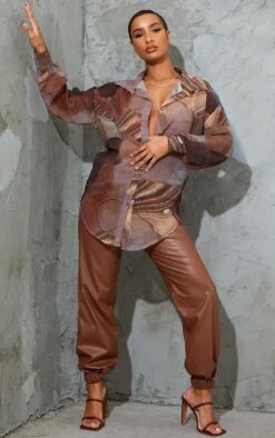 Beige Woven Abstract Print Oversized Shirt