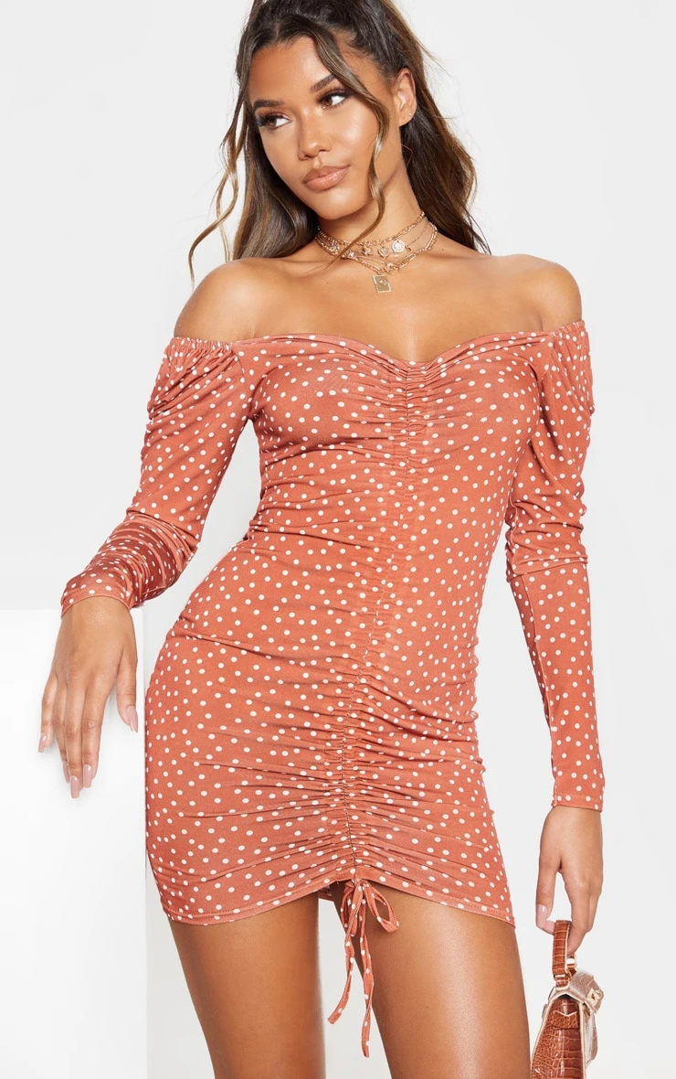 Terracotta Polka Dot Print Ruched Front Long Sleeve Bodycon Dress - Image 3