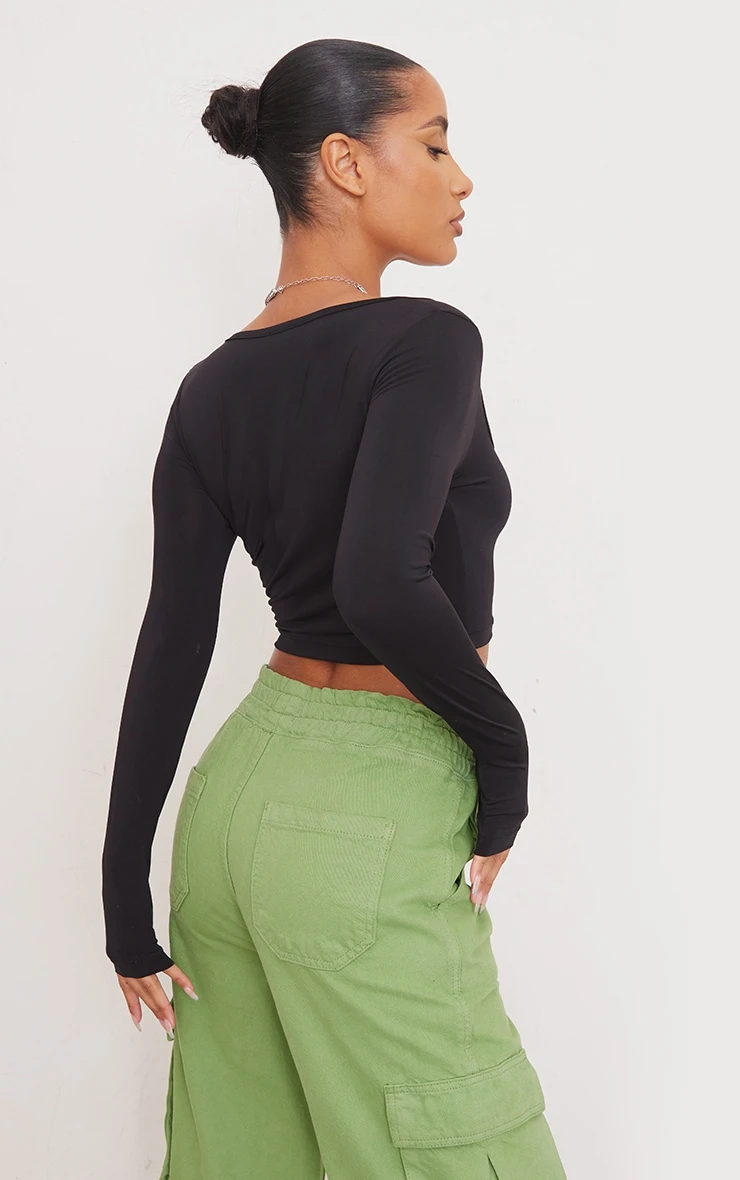 Basic Black Slinky Square Neck Crop Top - Image 2