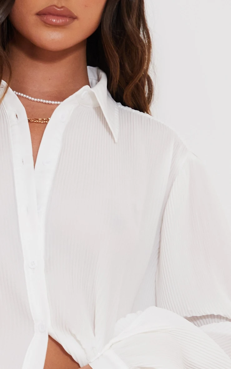 White Plisse Button Front Oversized Shirt - Image 4