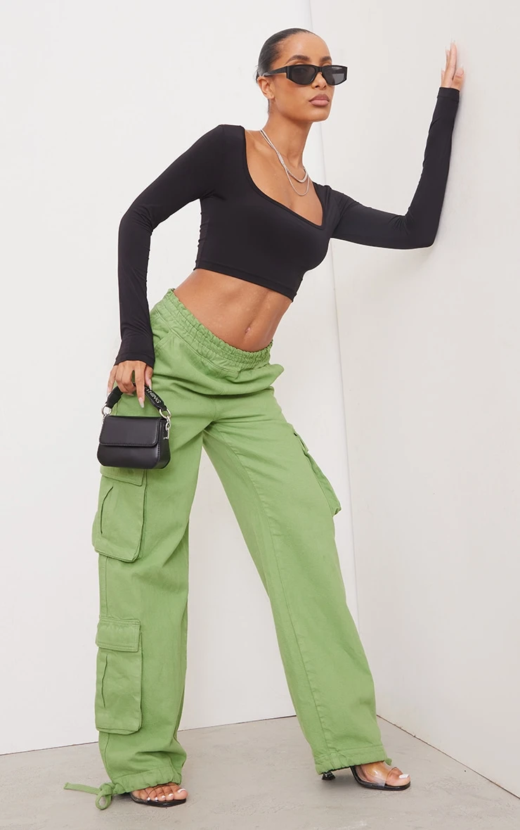 Basic Black Slinky Square Neck Crop Top - Image 3