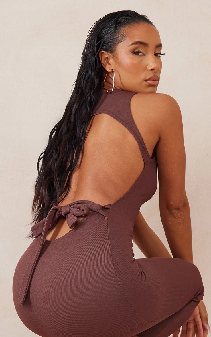Chocolate Rib Cut Out Back Detail Tie Waist Midaxi Dress - Image 4