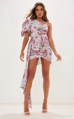 Pink Abstract Floral One Shoulder Puff Sleeve Draped Bodycon Dress