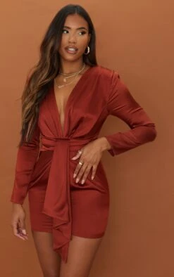 Rust Satin Long Sleeve Drape Detail Plunge Bodycon Dress
