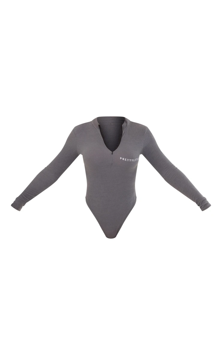 PRETTYLITTLETHING Charcoal Rib Half Zip Bodysuit - Image 5