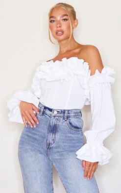 White Ruffle Hem Off Shoulder Long Sleeve Top